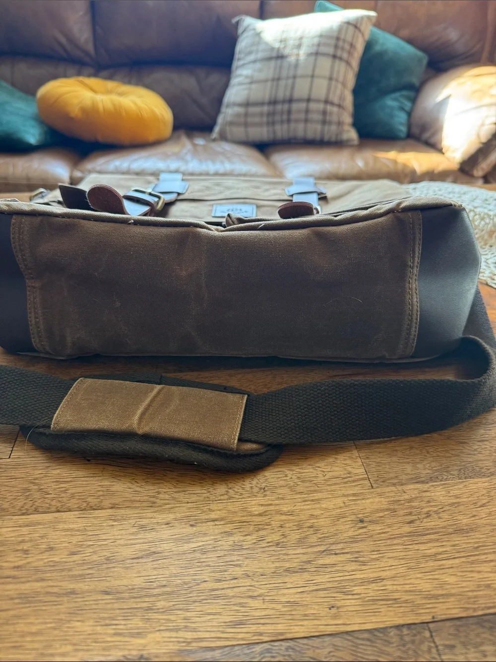 Men's Brown Canvas Messenger Bag with faux Leather Straps